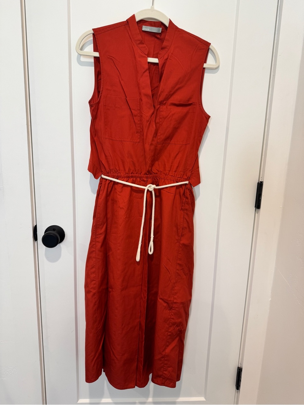 Vince Orange-Red Sleeveless Tie-Detail Midi Dress